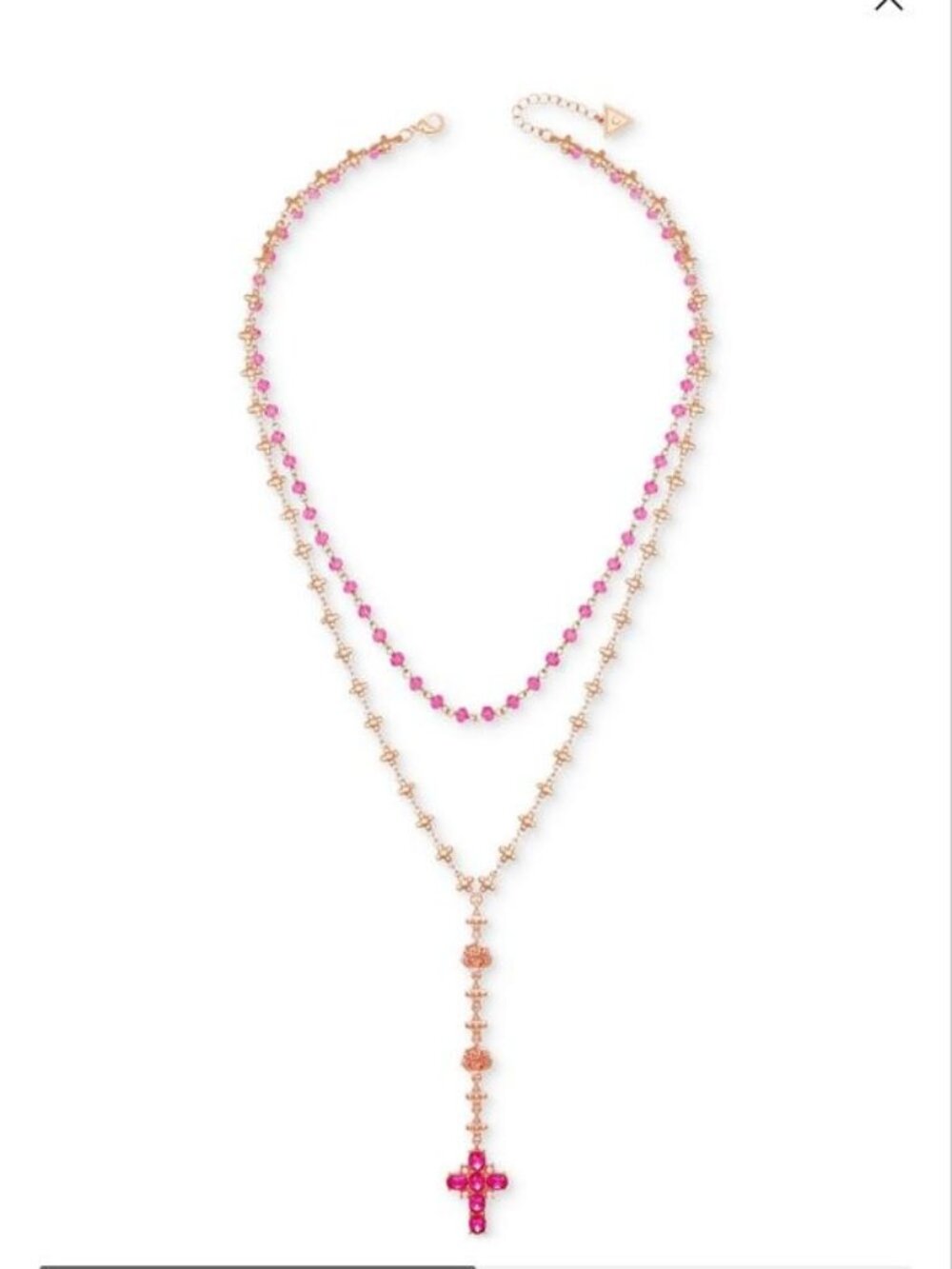GUESS Color Stone & Imitation Pearl Cross Layered Lariat Necklace 24"+2"extender
